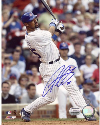 Derrek Lee Swing Cubs Pinstripe Jersey Vertical 8x10 Photo (MM Auth)