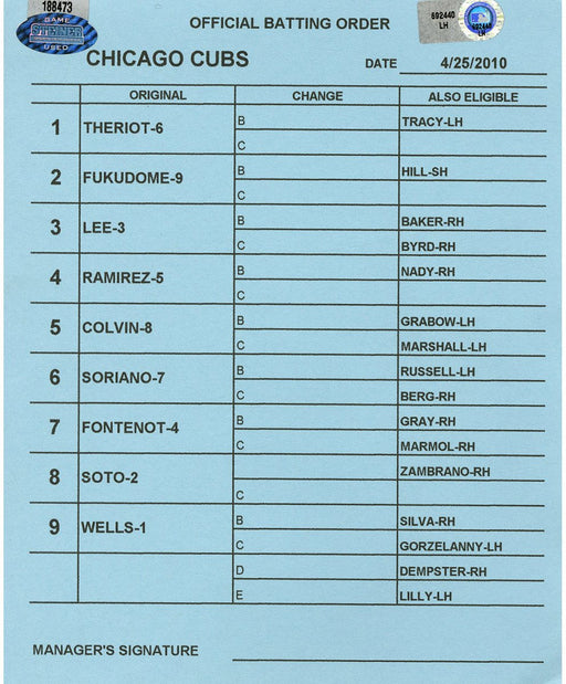 Chicago Cubs at Milwaukee Brewers 4-25- 2010 Blue Game Used Line-up Card  (LH692440)