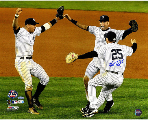 Mark Teixeira/ Alex Rodriguez/ Derek Jeter Signed 2009 ALCS Win Celebration Horizontal 16x20 Photo (Signed By Teixeira) (MLB Auth)