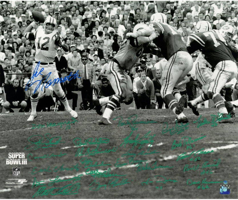 1969 New York Jets Team Signed Super Bowl III Joe Namath Throwing  B&W 20x24 Metallic Photo (24 Signatures) (Namath Signed In Blue & Team In Green)