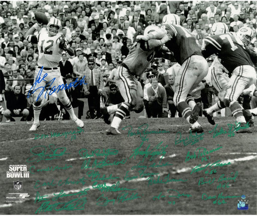 1969 New York Jets Team Signed Super Bowl III Joe Namath Throwing BW 20x24 Metallic Photo 24 Signatures Namath Signed In Blue Team In Green