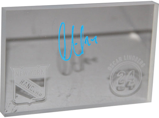 Oscar Lindberg Signed Piece of Plexiglass From Madison Square Garden w/ Etched Rangers Logo & Number