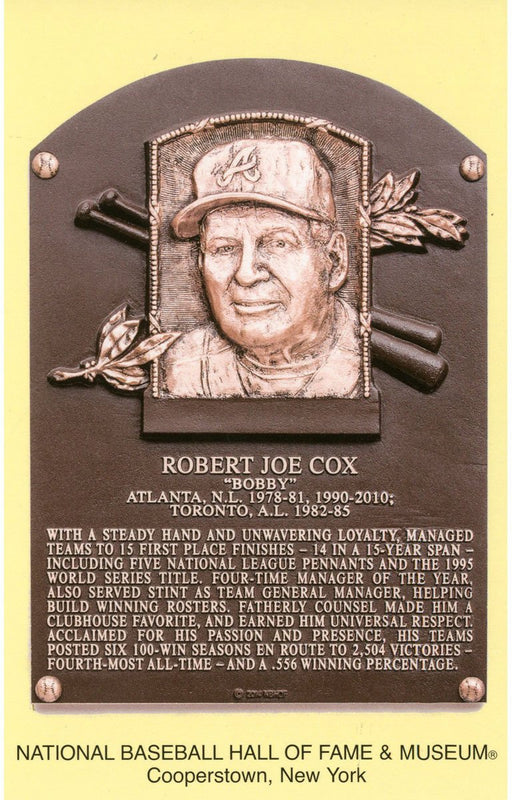 Bobby Cox Hall of Fame Plaque Postcards