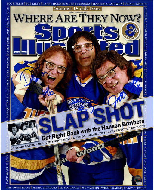 Hanson Brothers Charleston Chiefs Triple Signed Sports Illustrated Cover 8x10 Photo (Signed in Blue)