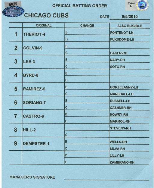 Chicago Cubs at Houston Astros 6-5-2010 Blue Game Used Line-up Card  (FJ034066)