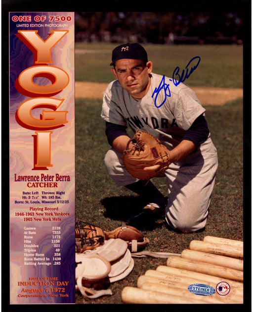 Yogi Berra Signed Kneeling by Equipment Career Collage 8x10 Photo