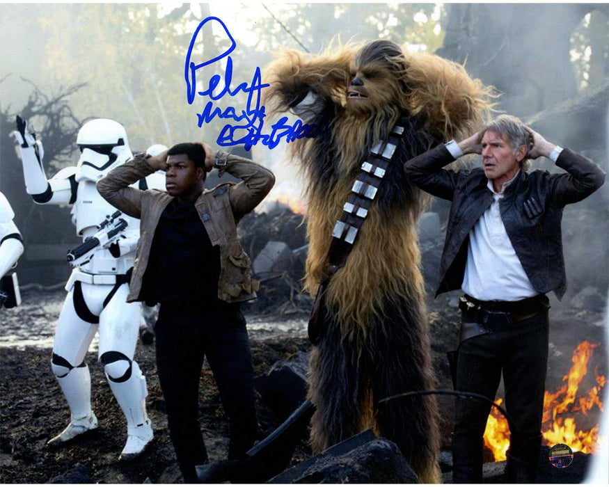 Peter Mayhew Signed 'Finn  Chewbacca and Han Solo Under Arrest in Episode VII: The Force Awakens' 8x10 Photo