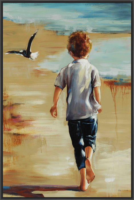 BOY AT THE BEACH 22L X 28H Floater Framed Art Giclee Wrapped Canvas