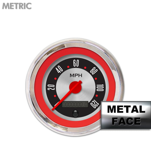 Speedometer Gauge-American Retro Rodder Red Ring Face Red Modern Needles Chrome Bezels