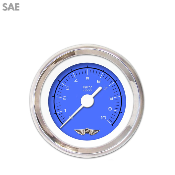 Tachometer Gauge w emblem-Competition Blue White Vintage Needles Chrome Trim Rings Style Kit Installed