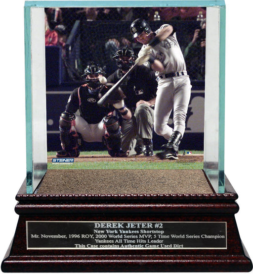 Derek Jeter Moments: World Series MVP Background Glass Single Baseball Case w/ Yankee Stadium Authentic Dirt & Nameplate