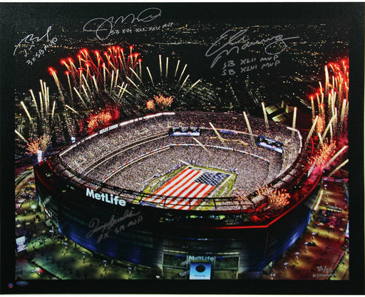 Tom Brady/Terry Bradshaw/Joe Montana/Eli Manning Signed Metlife Stadium Canvas (Signed By Hauser) w/ SB MVP inscriptions (LE of 25)(Unstretched)