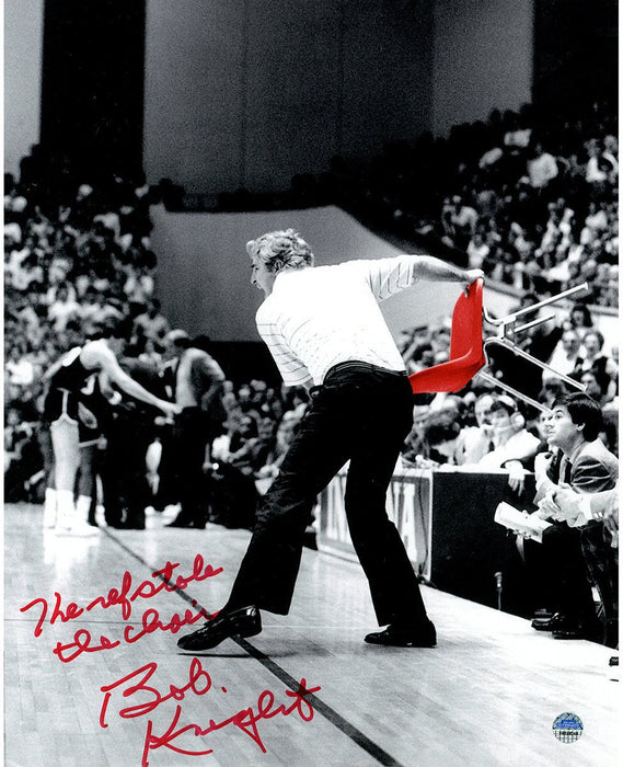 Bob Knight Signed Throwing Chair B&W w/ Red Chair 8x10 Photo w/ "The Ref Stole The Chair" Insc.