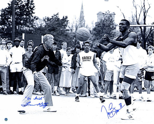 Tim Brown & Lou Holtz Dual Signed Playing Basketball with Lou Holtz 16x20 photo w/ "Go Irish Insc." by Lou Holtz