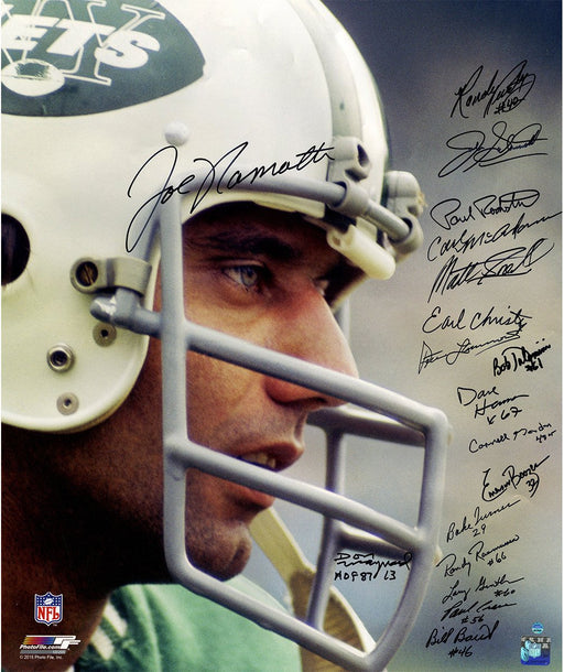 1969 New York Jets Team Signed Joe Namath Close Up Wearing Helmet 20x24 Metallic Photo (18 Signatures)