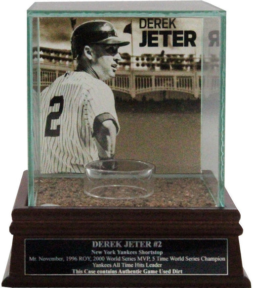 Derek Jeter Side View w/Facade Background Glass Single Baseball Case w/ Yankee Stadium Authentic Dirt Nameplate