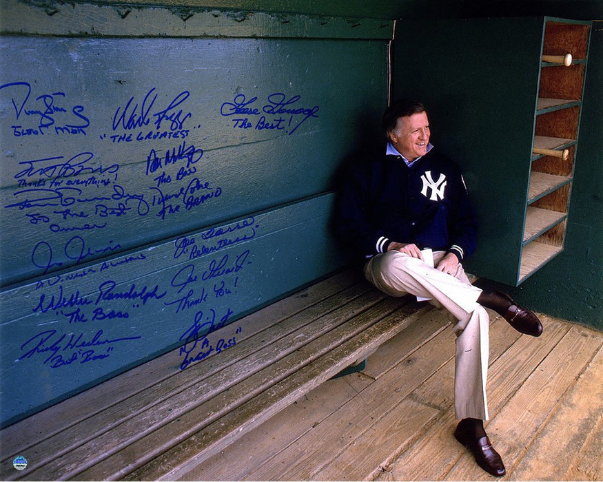 George Steinbrenner Tribute Multi-Signed & Inscribed 16x20 Photo (Signed By Brosius  Strawberry  Chambliss  Guidry  Randolph  Boggs  Henderson  Mattingly  Cone  Torre  Girardi  Dent & Gossage)