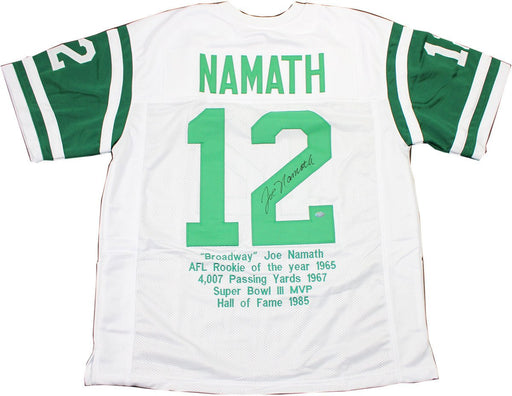 Joe Namath Signed White New York Jets Jersey w/ Stats Embroidered