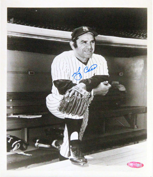 Yogi Berra Signed Posing in Dugout Antique 8x10 Photo