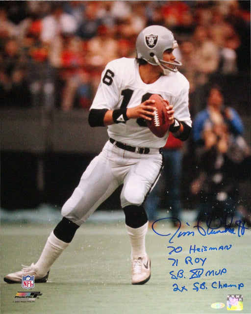 Jim Plunkett Signed 16x20 Photo w/ "70 Heisman  71 ROY  SB XV MVP  2x SB Champ