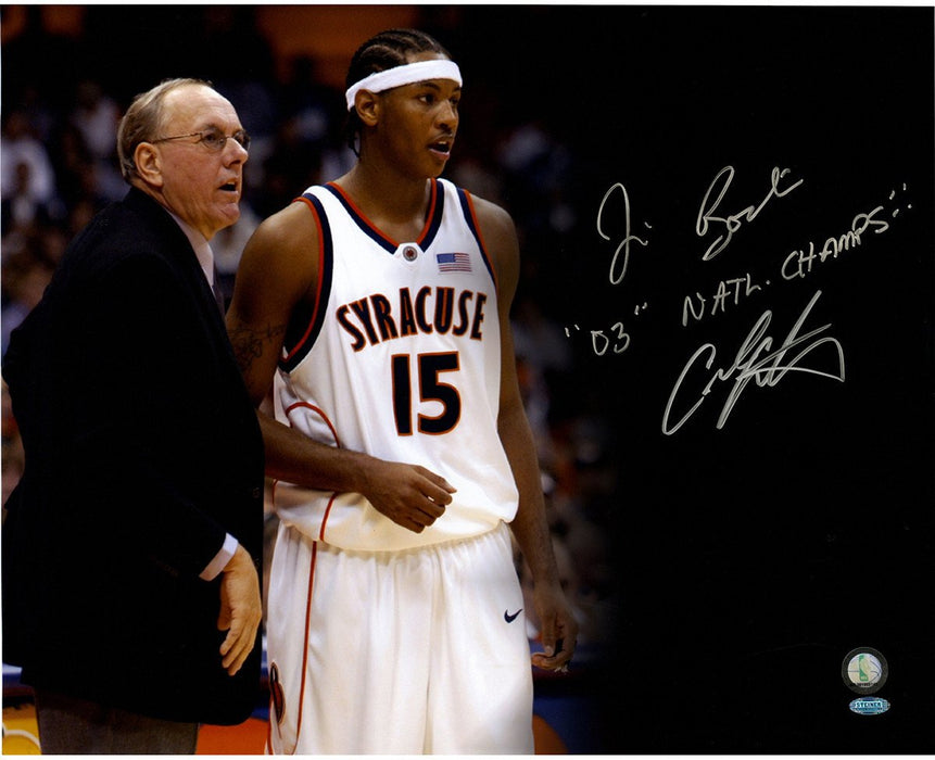 Carmelo Anthony/Jim Boeheim Dual Signed Black Background Signed 16x20 photo w/" 2003 Champs" Insc.