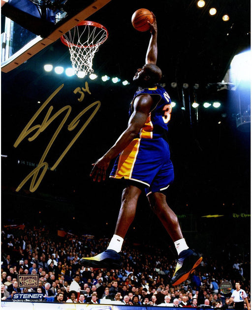 Shaquille ONeal Signed LA Lakers Purple Jersey Dunk 8x10 Photo Signed in Gold