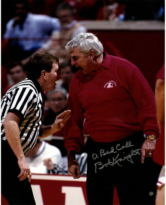 Bob Knight Signed Red Sweater Yelling At Referee 16x20 Photo w/ A Bad Call Insc