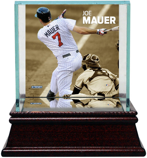 Joe Mauer Swinging Background Glass Single Baseball w/ Authentic Target Field Dirt