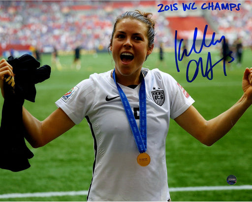 Kelley O'Hara Signed Team USA 2015 Women's World Cup Final Champions Trophy Celebration 8x10 Photo w/ "2015 WC Champs" Insc