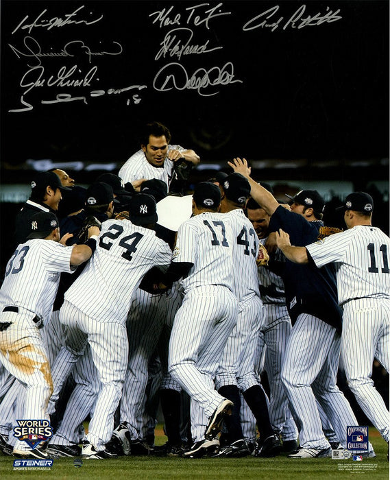 Jorge Posada  Hideki Matsui  Mariano Rivera  Joe Girardi  Johnny Damon  Mark Teixeira  Derek Jeter  Andy Pettitte Signed New York Yankees 2009 World Series Team Celebration 16x20 Vertical Photo