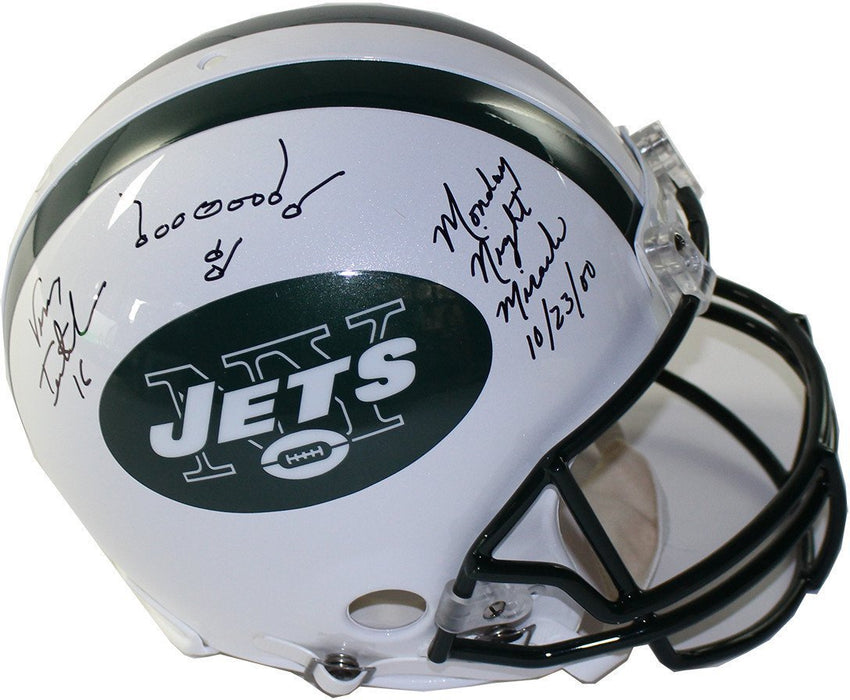 Vinny Testaverde Signed Authentic New York Jets Helmet w/ Monday Night Miracle 10/23/2000 and John Jumbo Elliott Play LE/16