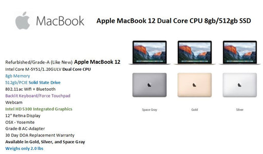 Apple MacBook 12 Dual Core CPU 8gb 512gb SSD