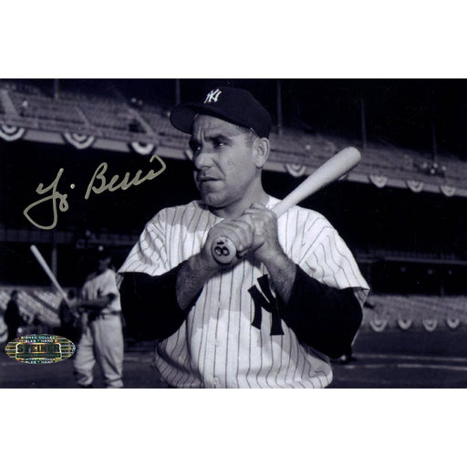 Yogi Berra Signed Bat on Shoulder Yankees Home Uniform B/W 5x7 Photo