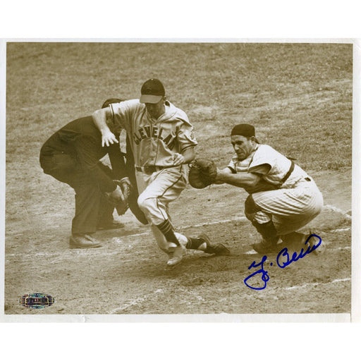 Yogi Berra Signed 8x10 B/W Photo (Vernon Scoring on Dobys single 7/27/49 Yankees v. Cleveland)