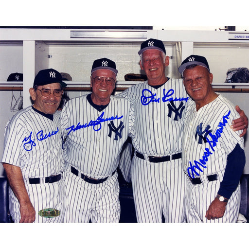 Yogi Berra Hank Bauser Don Larsen Moose Showron All Signed Color 8x10 Horizontal Photo (standing in locker room)