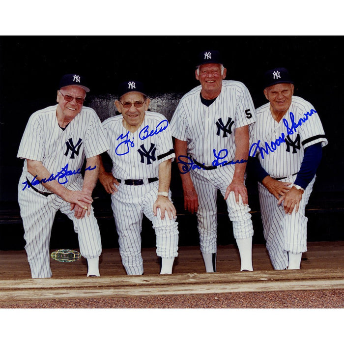 Yogi Berra Hank Bauser Don Larsen Moose Showron All Signed Color 8x10 Horizontal Photo standing in Dugout