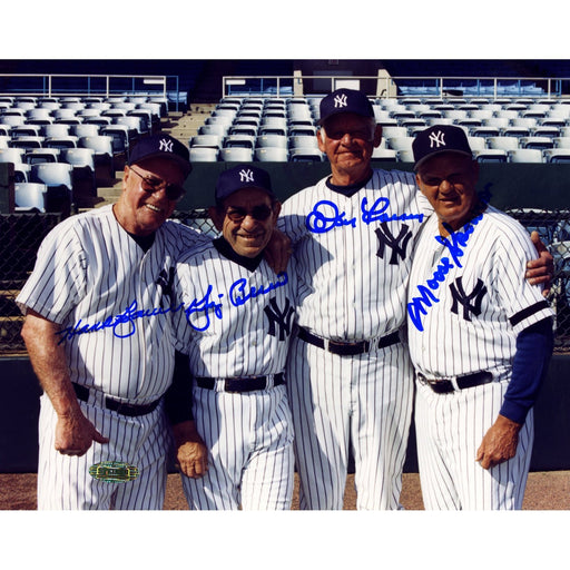 Yogi Berra Hank Bauser Don Larsen Moose Showron All Signed Color 8x10 Horizontal Photo (Standing on Field)