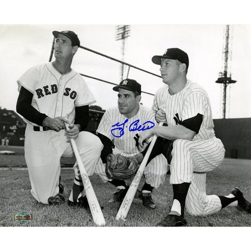 Yogi Berra Signed BW 8x10 Photo (Ted Williams/Berra/Mantle Photo by Don Wingfield) (1)