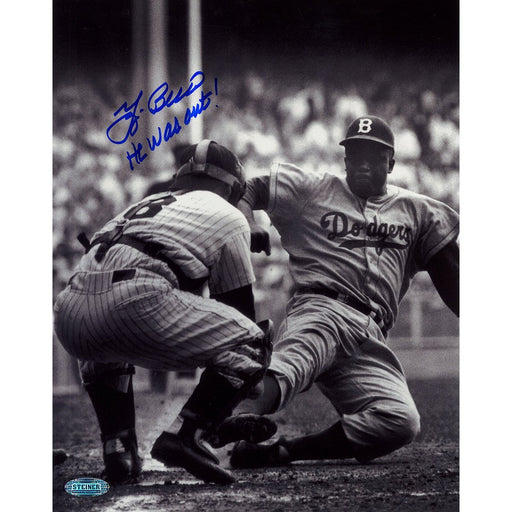 Yogi Berra Signed 8x10 BW photo with Jackie Robinson Stealing Home W/ HE WAS OUT Insc