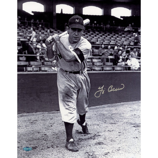 Yogi Berra Signed Bat on Shoulder Vertical B/W 11x14 Photo