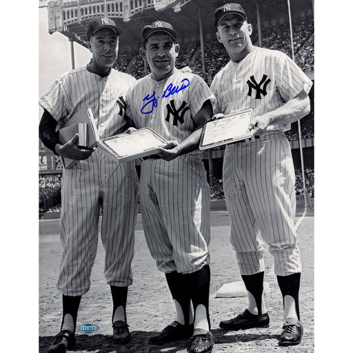 Yogi Berra Signed On The Field Receiving 200 Home Run Club Award Plaque Joe DiMaggio Mikey Mantle B/W 11x14 Photo