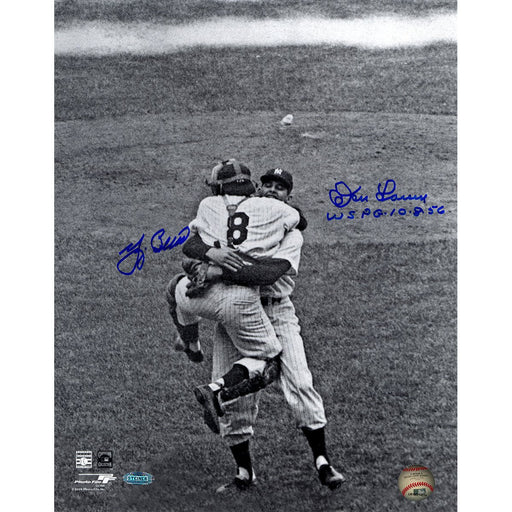 Yogi Berra/Don Larsen Dual Signed Hug WS PG.10.8.56 B/W 11x14 Vertical Photo