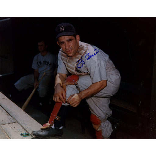 Yogi Berra Signed 11x14 Color (Top of the Dugout Putting on Shinguard) Horizontal Photo