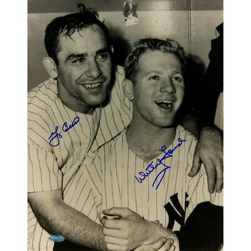 Berra Ford Dual Signed Hug in Locker room 11x14 B/W Vertical Photo