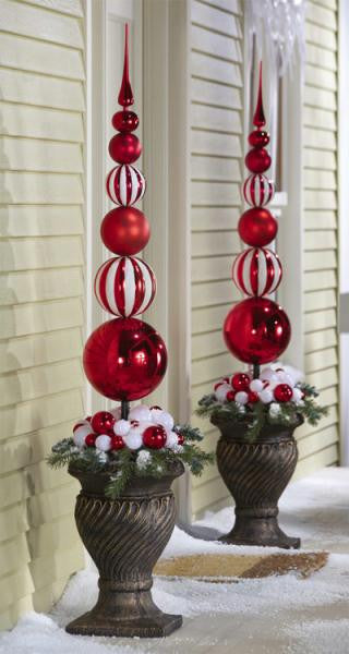 Red & White Christmas Ornament Topiary Stake