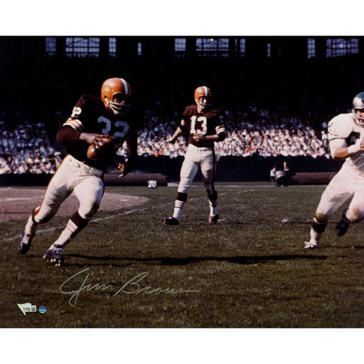 Jim Brown Signed Running vs Eagles Color 16x20 Photo (Signed in Silver)(Fanatic Holo & SSM Auth)