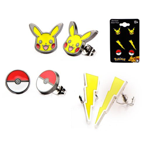 Pokemon Pikachu Lightning Bolt Poke Ball Earrings 3-Pack    