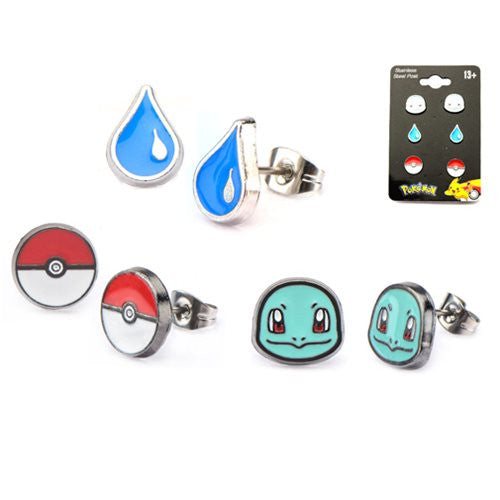 Pokemon Squirtle Poke Ball & Water Drop Stud Earrings 3-Pack