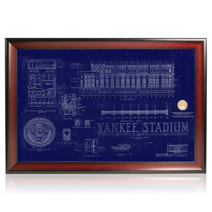 Framed Replica Old Yankee Stadium Blueprint with Dirt Capsule (20x32 Cherry Frame)