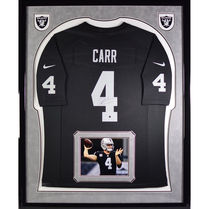 Derek Carr Elite Framed and Signed Oakland Raiders Black Replica Jersey